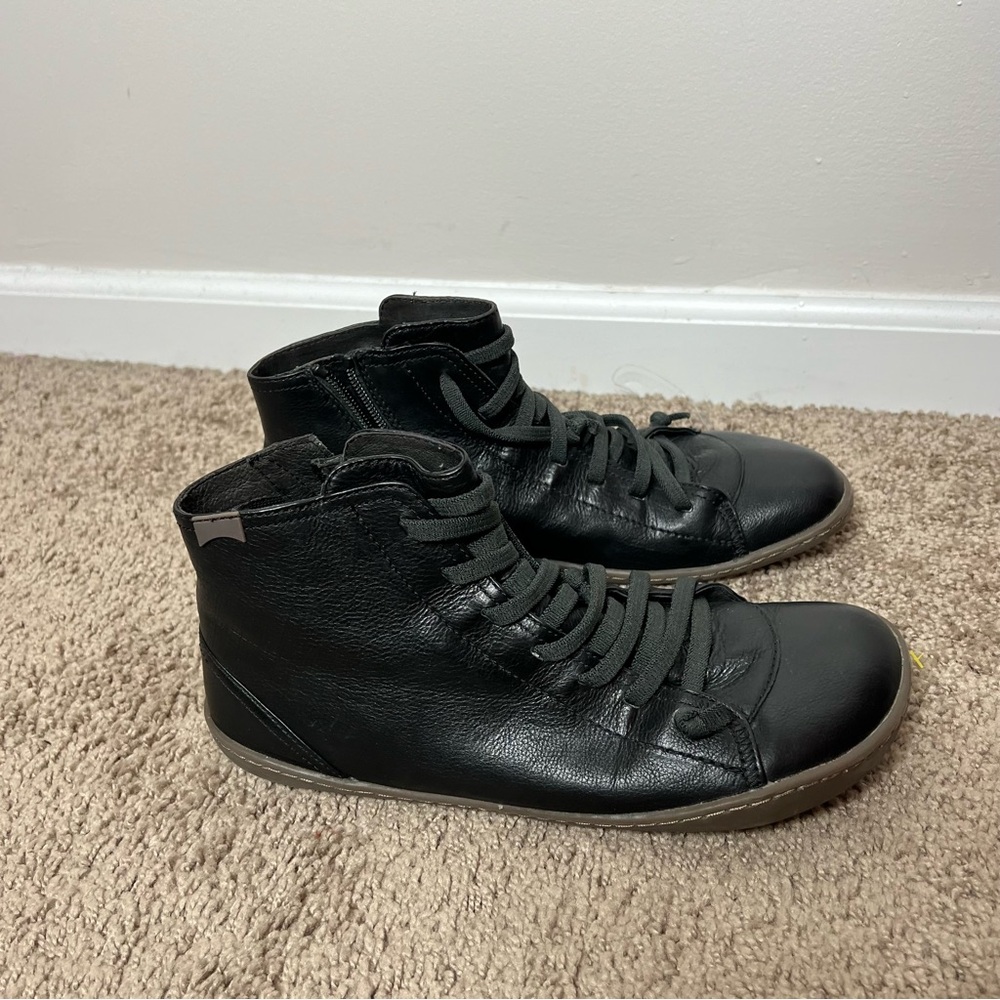 Camper Peu Black Leather Ankle Boot Size 41 Elastic Laces